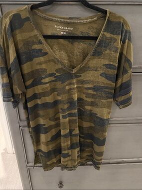 Lucky Brand Olive and Dark Gray Camo V-Neck Tee
